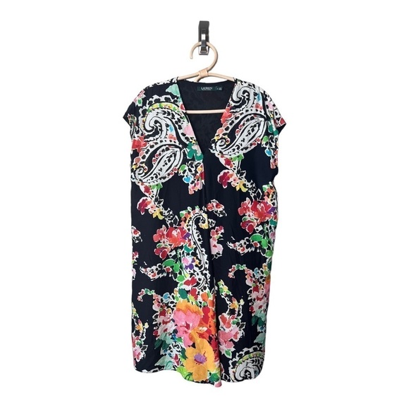 Ralph Lauren LRL Black Floral Inverted‎ Pleat VNeckline Knee Length Shift Dress - Picture 4 of 14